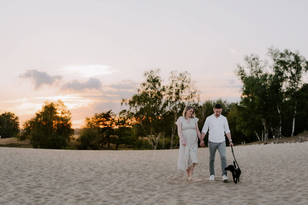 Babybauchshooting mit Hund in Hamburg zum Sonnenuntergang